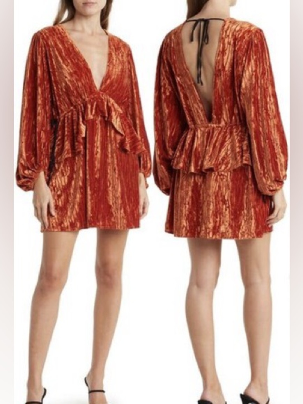 TOPSHOP Burnt Orange Velvet Deep V Mini Dress with Balloon Sleeves & Tie Waist